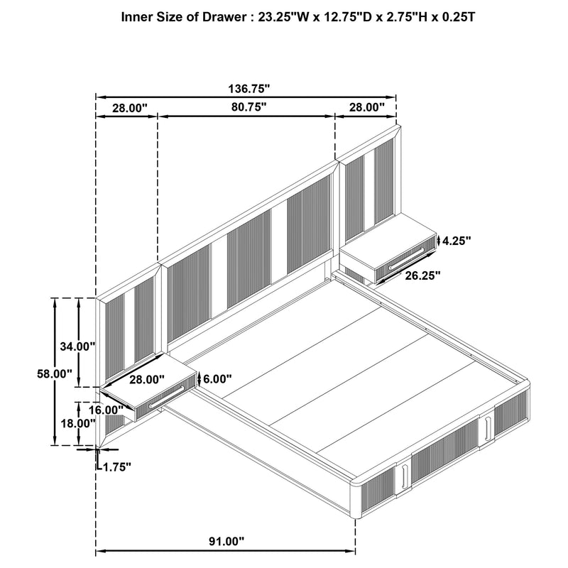 Terrace Wall Panel Platform Storage Bed with Attached Nightstands