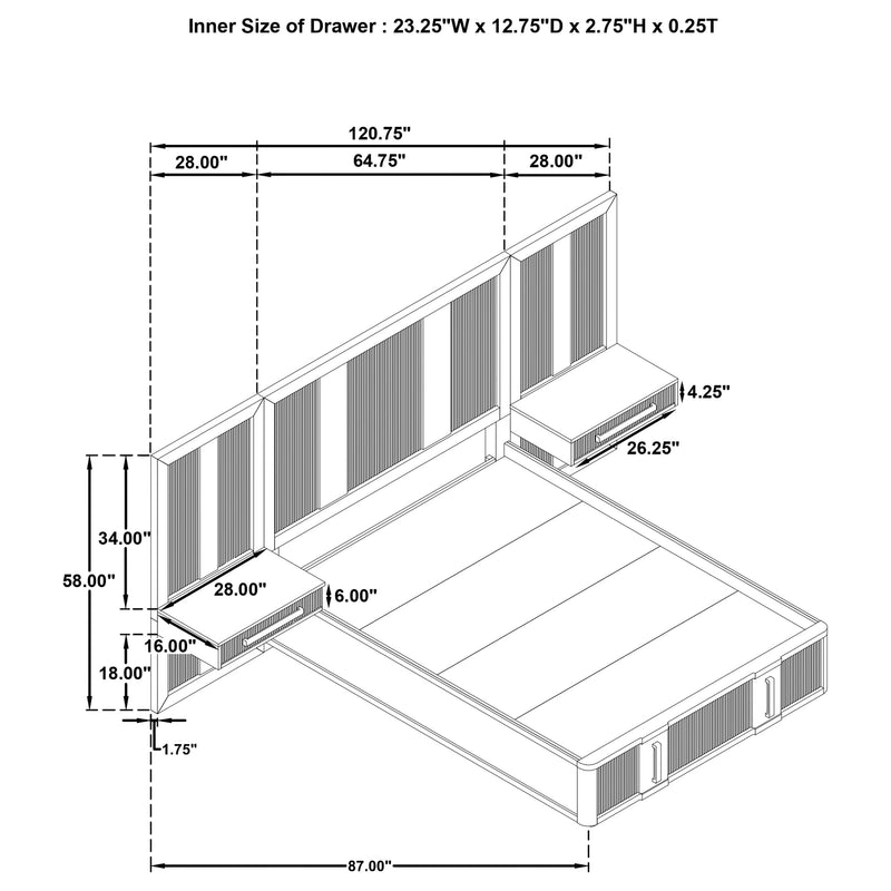 Terrace Wall Panel Platform Storage Bed with Attached Nightstands
